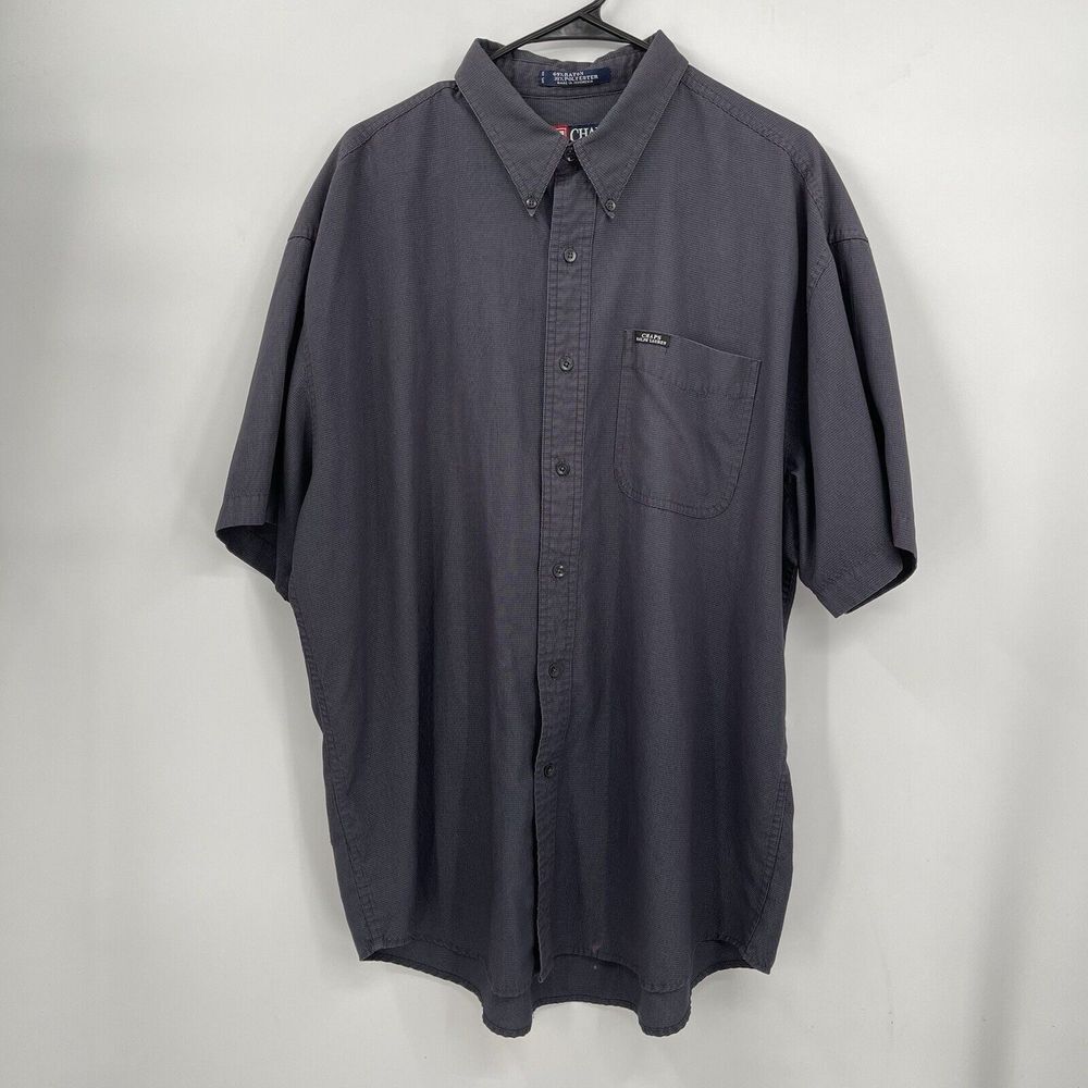 Chaps XL Short Sleeve Button Down Shirt Mens Grey Micro Check Rayon Blend